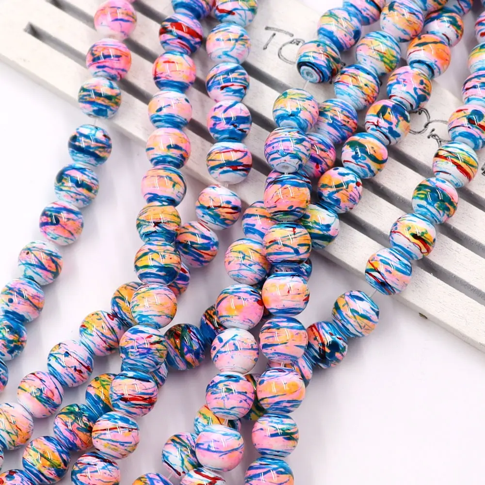 Perline in stile Design cinese assortite 8mm perline di vetro con motivo colorato perline rotonde per la creazione di braccialetti