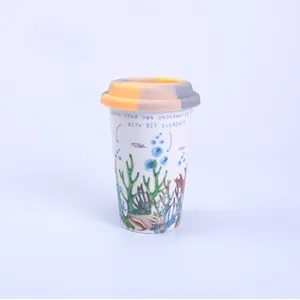 Wholesale personalized full wrapping decal printing cup coffee ceramic latest sea design 450ml tea cups with silicone lid