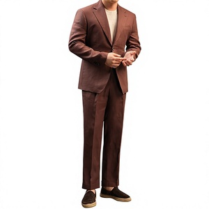 Completo da <span class=keywords><strong>Uomo</strong></span> 2 Pezzi di Alta Qualità 100% Lino Semi-Foderato Casual con <span class=keywords><strong>Blazer</strong></span> Monopetto a Due Bottoni e Risvolto a Notch e Pantaloni con Fibbia Laterale - Product Image 1