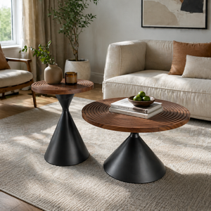 Modern <strong>Round</strong> Solid Wood Coffee <strong>Table</strong> With Concentric Grooves Top Elegant Artistic <strong>Side</strong> <strong>Table</strong> With <strong>Black</strong> Conical Metal Base - Product Image 6