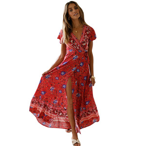 Vestido bohemio floral con escote en V, vestido cruzado de verano con estampado floral y volantes, Vestido de playa de manga corta, Vestido largo de fiesta en la playa dividido - Product Image 3