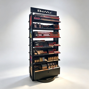 360° <b>Rotating</b> Double‑Sided Cosmetic <b>Display</b> <b>Stand</b> Retail Makeup Rack With Storage Drawer & Custom Top Sign - Product Image 1
