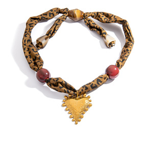 Collar de seda con estampado de leopardo y colgante de corazón dorado para mujer, joyería de moda, accesorio con cadena de acero inoxidable - Product Image 5