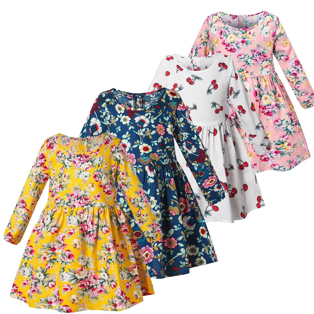 Wholesale 2022 New Cotton Long-Sleeved Yellow Girls' Dresses Little Girls Party Dress Children Design Cotton Floral Dress