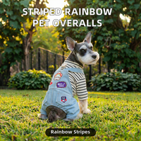 Salopette en polyester rayée pour chien et chat, style décontracté, avec bretelles en jean et patchs arc-en-ciel, collection printemps-été, vente en gros