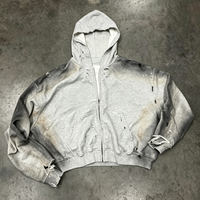 Sweat à capuche zippé en molleton de coton français vintage haut de gamme pour homme, 500 g/m², gris délavé, effet vieilli, imprimé