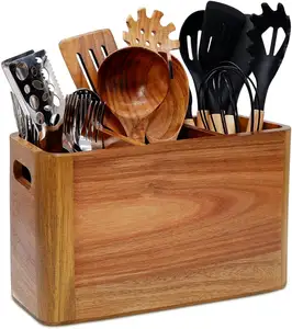 Organizador de soporte de utensilios de cocina de madera, soporte de utensilios de madera grande con 3 compartimentos, contenedor de madera rústica de acacia