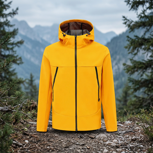 เสื้อแจ็คเก็ตผู้ชายแบบมีฮู้ด กันน้ำ ผลิตจากวัสดุ PU แบบ Softshell สไตล์สปอร์ต สำหรับกิจกรรมกลางแจ้ง มีซิปด้านหน้า สีเหลืองล้วน เหมาะสำหรับใส่ในช่วงฤดูใบไม้ร่วง - Product Image 4