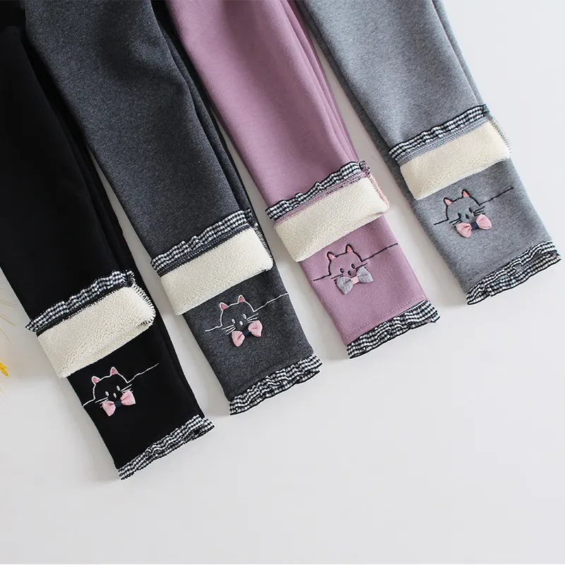 Midinfort ODM inverno pile spesso caldo per bambine pantaloni elasticizzati vita in morbido materiale simpatico gatto di cotone Leggings per bambini