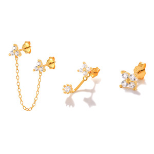 ROXI 3Pcs/set Flower Zircon <b>Stud</b> <b>Earrings</b> <b>Chain</b> Double Pierced <b>Stud</b> <b>Earrings</b> Set S925 Sterling Silver - Product Image 1