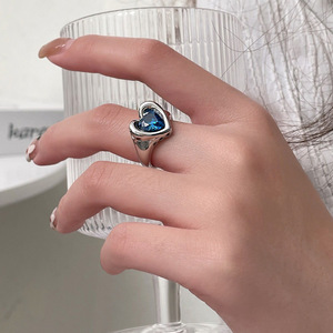 Korean Heart Shape <b>Open</b> <b>Ring</b> S925 Silver Blue Zircon Women's Fine Jewelry Everyday Wear - Product Image 1