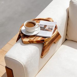 Plateau d'accoudoir de canapé en bois massif, pliable, rond, pour table d'appoint avec support pour bol et télécommande - Product Image 3