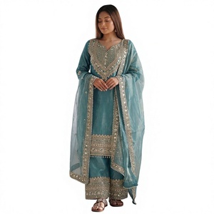 <b>Women</b> <b>Teal</b> Blue Embroidered Anarkali <b>Suit</b> With Dupatta Floor-Length Traditional Indian Pakistani Wedding Wear - Product Image 1