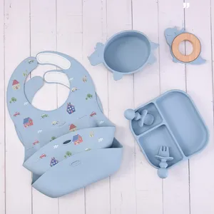 亚马逊热卖硅胶围嘴板桌垫碗勺叉套装婴儿餐具喂养套装