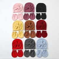 Gorro de Algodón Sólido para Bebé Recién Nacido + Juego de Manoplas Antiarañazos con Lazo Grande