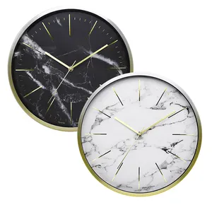 Reloj moderno de pared, de 14 pulgadas marco de aluminio, personalizado, moderno, de mármol y metal blanco