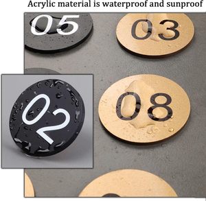 Numéros de table en acrylique 1-100, autocollants anti-décoloration, étiquettes imperméables pour <span class=keywords><strong>maison</strong></span>/locataire/restaurant (noir/or 5 cm) - Product Image 3