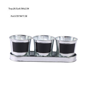 Lot de 3 pots de fleurs modernes en fer galvanisé <span class=keywords><strong>avec</strong></span> étiquettes tableau noir, jardinières argentées <span class=keywords><strong>avec</strong></span> plateau pour intérieur, bureau, balcon - Product Image 2