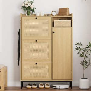 Scarpiera Moderna Sunrise in Rattan a <span class=keywords><strong>3</strong></span> Cassetti, Organizzatore Portascarpe in Legno a 4 Livelli con Ripiani Regolabili per Ingresso - Product Image 6