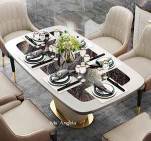 الايطالية أثاث غرفة المنزل نمط جديد الجلود والكروم طاولة طعام فاخرة ما بعد الحداثة قرص من الرخام للمنضدة طاولة طعام طاولات وكراسي مجموعة - Product Image 4