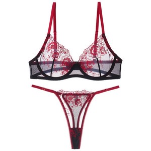 Ensemble de soutien-gorge élégant en dentelle avec effet push-up, rouge et noir, lingerie féminine - Product Image 5