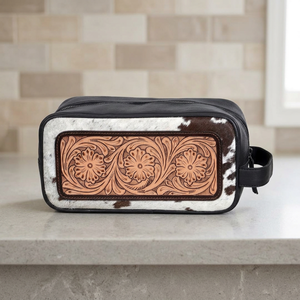 Western <b>Tooled</b> Leather Dopp <b>Kit</b> With Cowhide Panel And Floral Design Zip Closure Travel <b>Bag</b> - Product Image 3