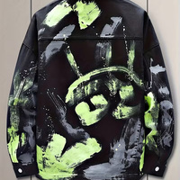 Veste en jean streetwear hip-hop oversize pour homme, effet graffiti, délavée à l'acide, style vintage