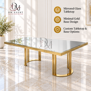 Table à manger élégante en acier inoxydable doré avec plateau en verre miroir et base en U ouverte, fournisseur en gros pour mariages et hôtels - Product Image 1