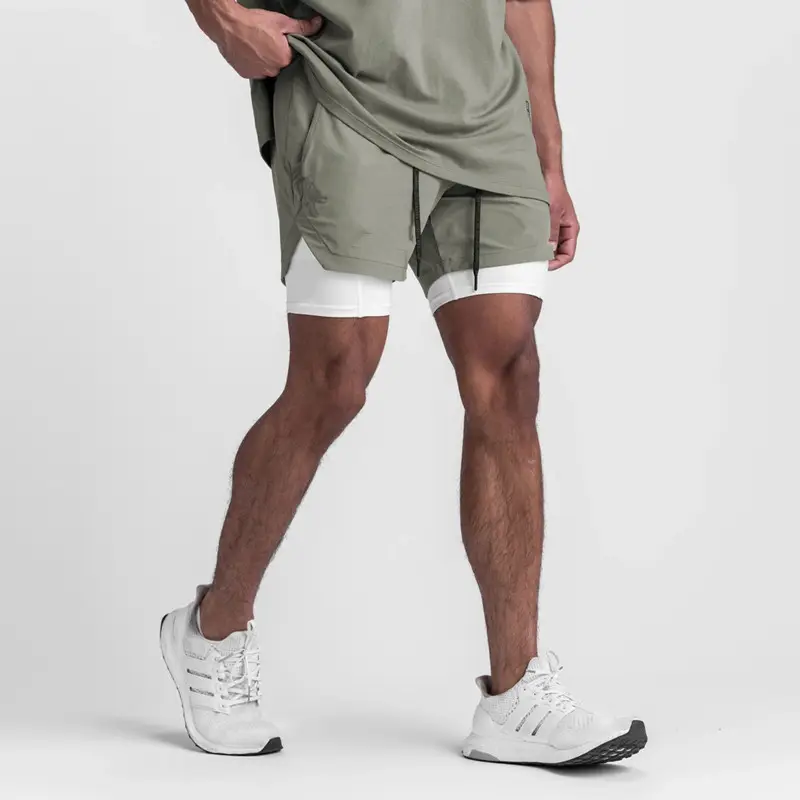 Short de sport 2 en 1 à Compression pour hommes, avec poches pour téléphone, jogging, Fitness, entraînement, court, avec doublure, Logo personnalisé