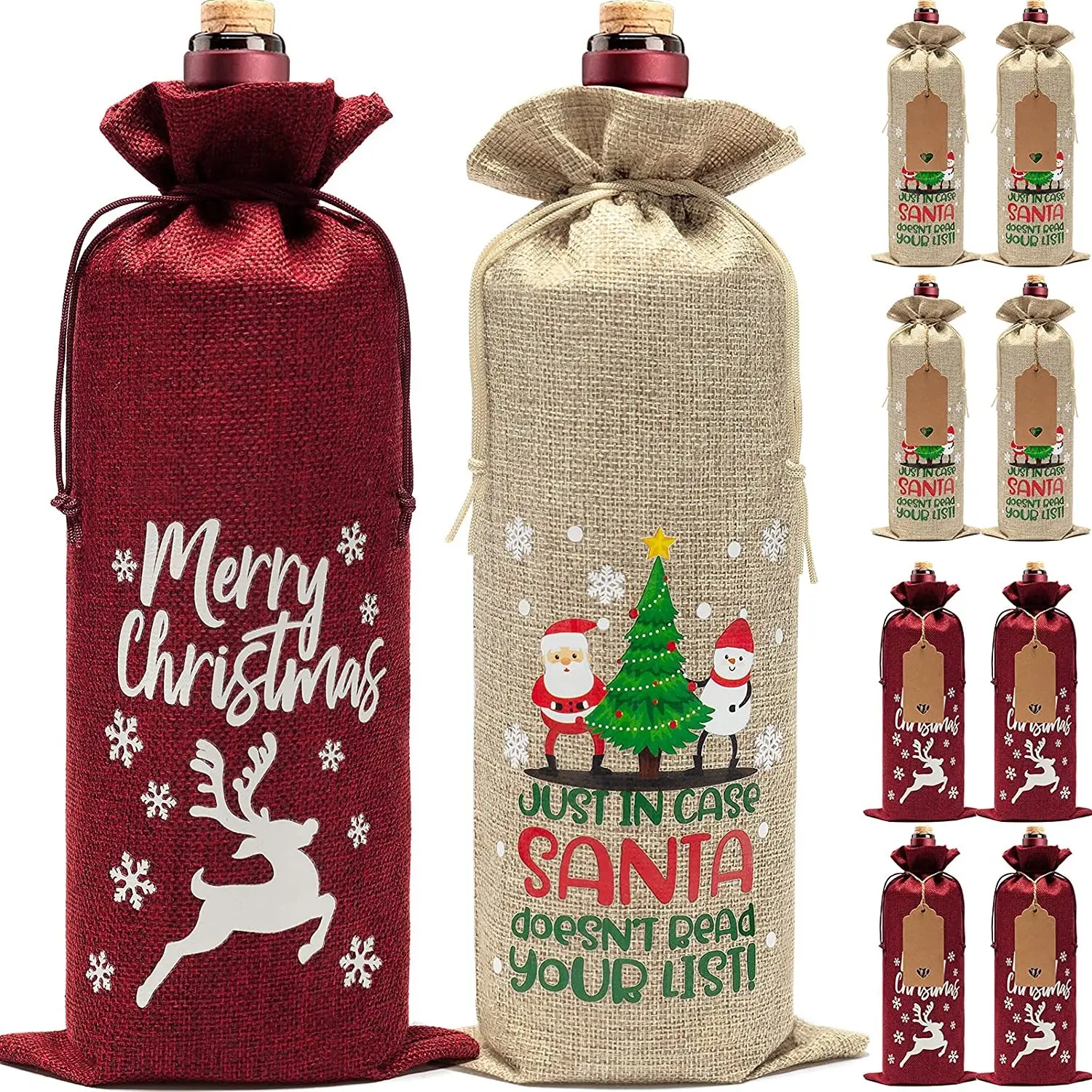 Sacs fourre-tout à vin personnalisés sacs à vin de Noël en jute réutilisables pour bouteilles de vin cadeaux