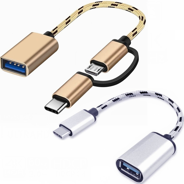 2 in 1 Metal Braided Micro USB Type C Type-C 3.1 Male to USB 3.0 2.0 Female Adapter USB C OTG Data Sync Connector Cable Cord