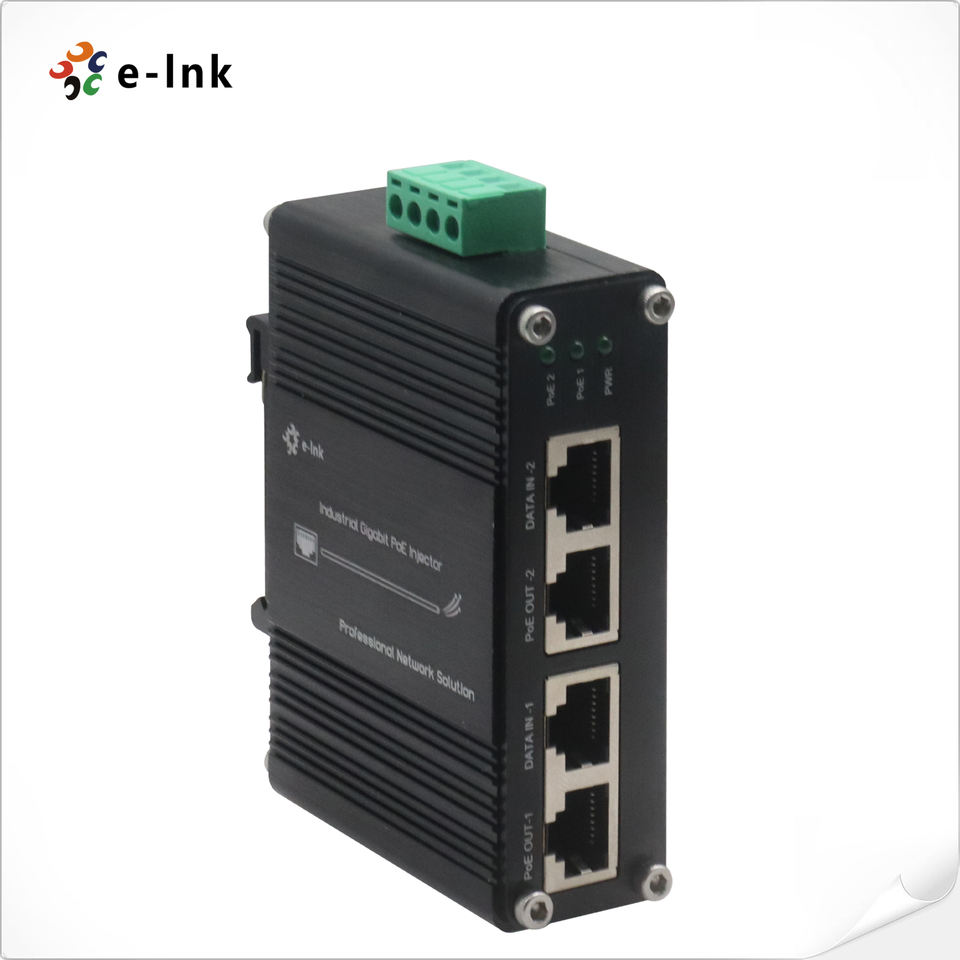 IEEE802.3af/at E-link 12-48V DC Industrial 2-port Gigabit PoE+ Injector DIN-rail & Wall Mounting