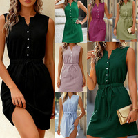 Robe élégante sans manches à col en V unie pour femme, ornée de boutons et à taille ajustable par cordon, collection Printemps 2026