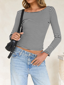 <span class=keywords><strong>Camiseta</strong></span> de Manga Larga <span class=keywords><strong>con</strong></span> Espalda Descubierta y Rayas en Contraste, Estilo Y2K, Elegante y Casual para <span class=keywords><strong>Mujer</strong></span>, Moda Europea y Americana - Product Image 1