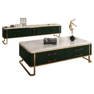 Ensemble de table en cuir vert et marbre blanc, en acier inoxydable, doré, pour salon, support tv et table basse, livraison gratuite