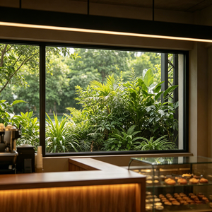 Una cafetería de estilo industrial, con una acogedora barra de madera y una vitrina en la que se exponen apetitosos pasteles. - Product Image 5