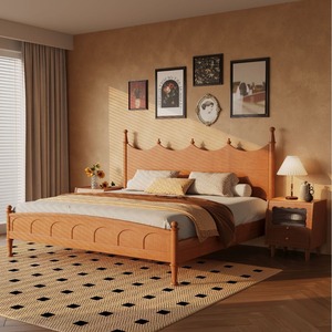 Lit en bois massif rétro français 1,8 m, lit plateforme double, couleur bois de cerisier, meubles de chambre durables - Product Image 3