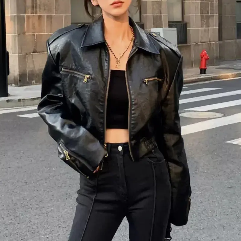 High Quality Luxury Black Genuine Sheepskin Leather Coats Cropped Leather Jacket Women