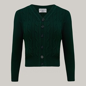 Cardigan en tricot torsadé OEM ODM vert forêt, style vintage années 1940, tricot pour femmes, The Seamstress of Bloomsbury - Product Image 3