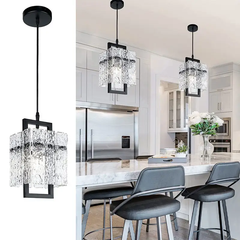 Decorative Nordic Modern Luxury Water Ripple Glass Chandelier Lights Black Crystal Pendant Light for Kitchen Island Bedroom