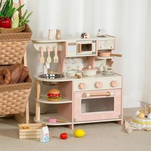 Cute <b>Pink</b> Custom Kids Kitchen Chef Portable Promotional Pretend Play Set with Coffee Machine Microwave Oven Cookware Accessories - Product Image 6