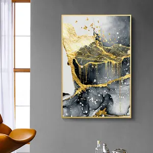 Pintura abstracta de pared para decoración del hogar, lienzo con impresiones artísticas sin marco, color dorado, negro y líquido, para sala de estar