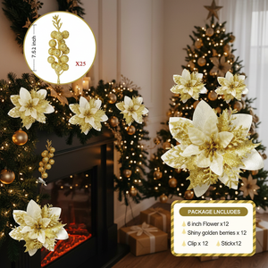 50 Piezas de Flores de Poinsettia con Brillantina, Clips Artificiales para Decoración Navideña, Adornos para Guirnaldas y Coronas, Decoraciones Festivas - Product Image 4