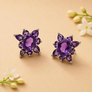 Manufacturer 925 <b>Sterling</b> <b>Silver</b> Rhodium Plated Amethyst Floral Cluster <b>Stud</b> <b>Earrings</b> - Product Image 1