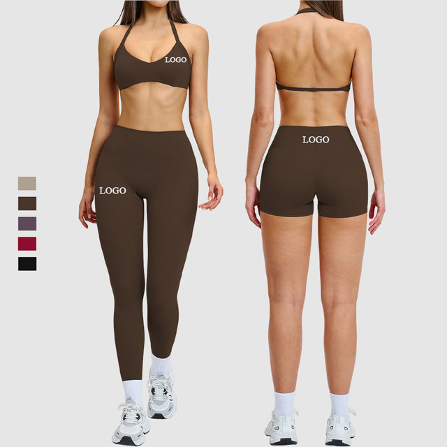 Custom Eco-Friendly Recycled Nylon Spandex Halter Sports Bra High Waist Gym Shorts Pants Fitness Yoga Leggings Workout 3pcs Set