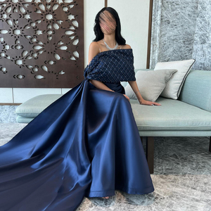 Elegante <span class=keywords><strong>vestido</strong></span> de noche árabe <span class=keywords><strong>azul</strong></span> <span class=keywords><strong>marino</strong></span> con hombros descubiertos con capa Dubai para mujer vestidos formales de fiesta de boda - Product Image 2