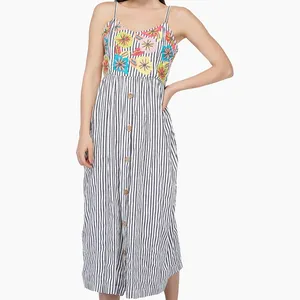 OEM women floral boho cami dress smocked back hand-embroidered striped pure cotton midi dress STD9115A