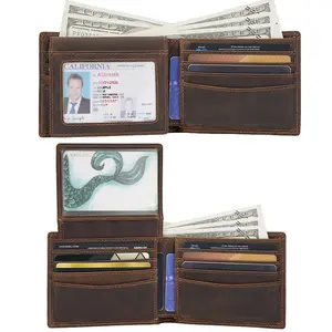 top brand Bifold Stylish ID Card Holder RFID Blocking Men Natural Genuine Leather Wallet With 2 ID Window