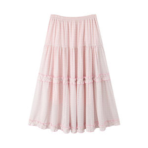 Falda midi con volantes estilo coreano para mujer, color rosa lotus, con lunares, de gasa, cintura elástica, talla grande, informal, estilo femenino. - Product Image 1