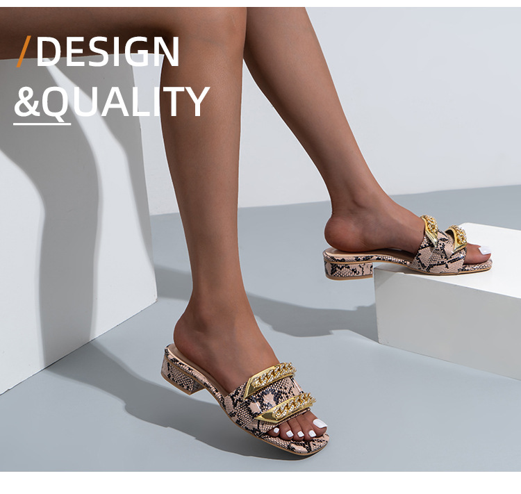 Ladies Fashion Slipper Shoes Rhinestone Chain Low Heel Sandals for Women
